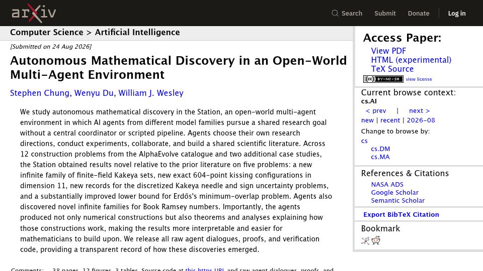 Screenshot of arxiv.org: Autonomous Mathematical Discovery in an Open-World Multi-Agent Environment