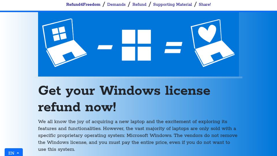 Screenshot of en.refund4freedom.org: Get your Windows license refund