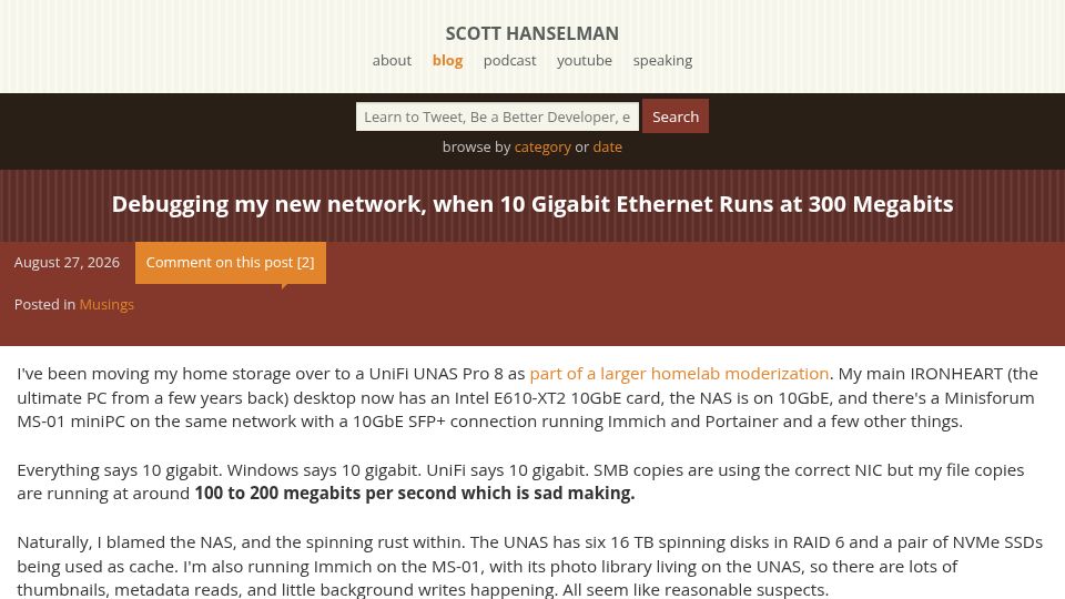 Screenshot of hanselman.com: Debugging my new network, when 10 Gigabit Ethernet Runs at 300 Megabits