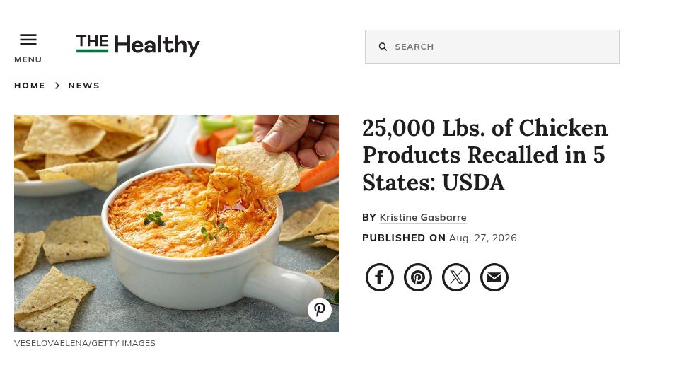 Screenshot of thehealthy.com: 25,000 Lbs. Of Chicken Products Recalled in 5 States: USDA
