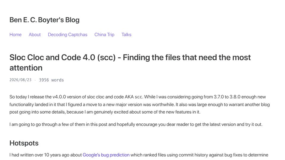 Screenshot of boyter.org: Sloc Cloc and Code 4.0 (scc) – Finding the files that need the most attention