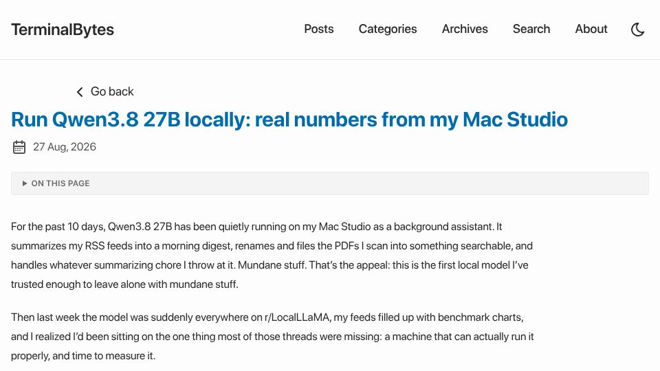 Screenshot of terminalbytes.com: Run Qwen3.8 27B locally: real numbers from my Mac Studio