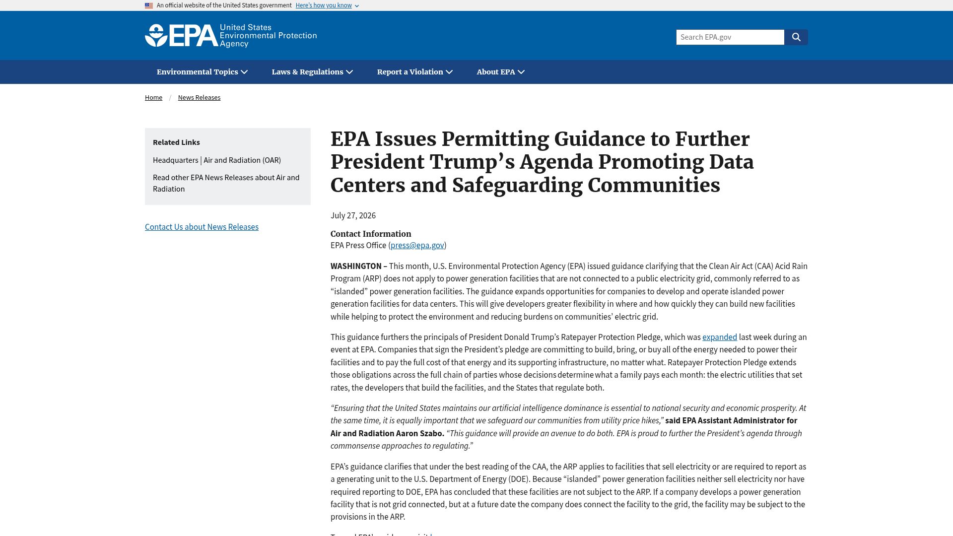 Screenshot of epa.gov: EPA says power for data centers can sidestep pollution laws