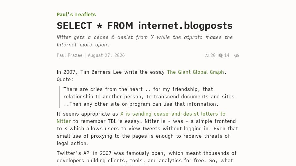 Screenshot of pfrazee.leaflet.pub: Select * from Internet.blogposts