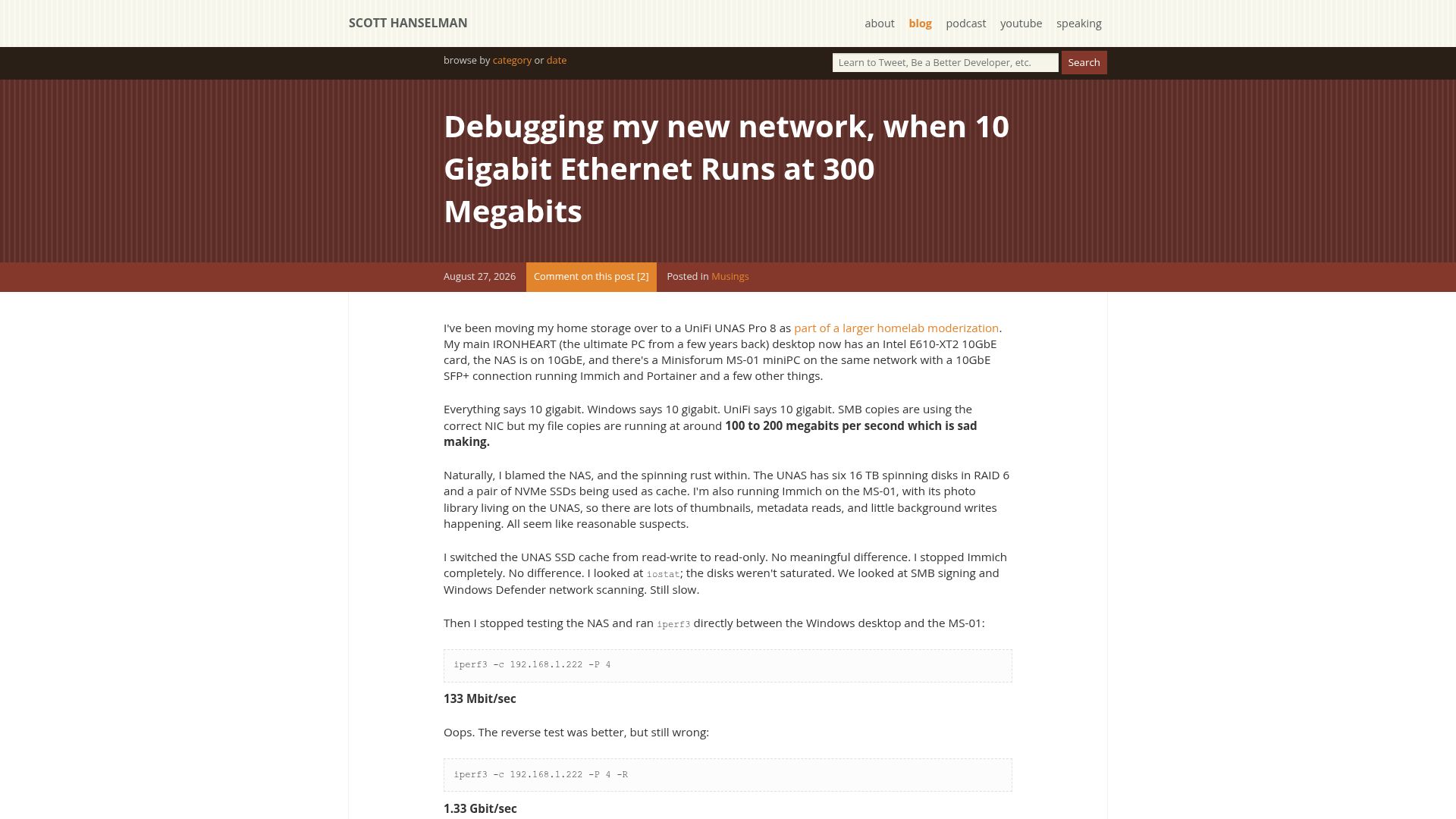 Screenshot of hanselman.com: Debugging my new network, when 10 Gigabit Ethernet Runs at 300 Megabits