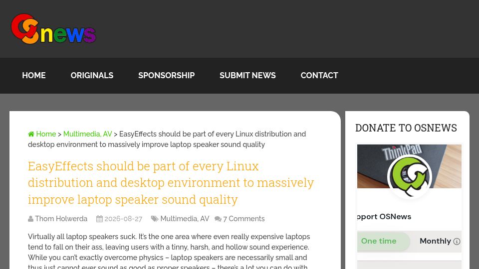 Screenshot of osnews.com: EasyEffects can improve laptop speaker sound quality
