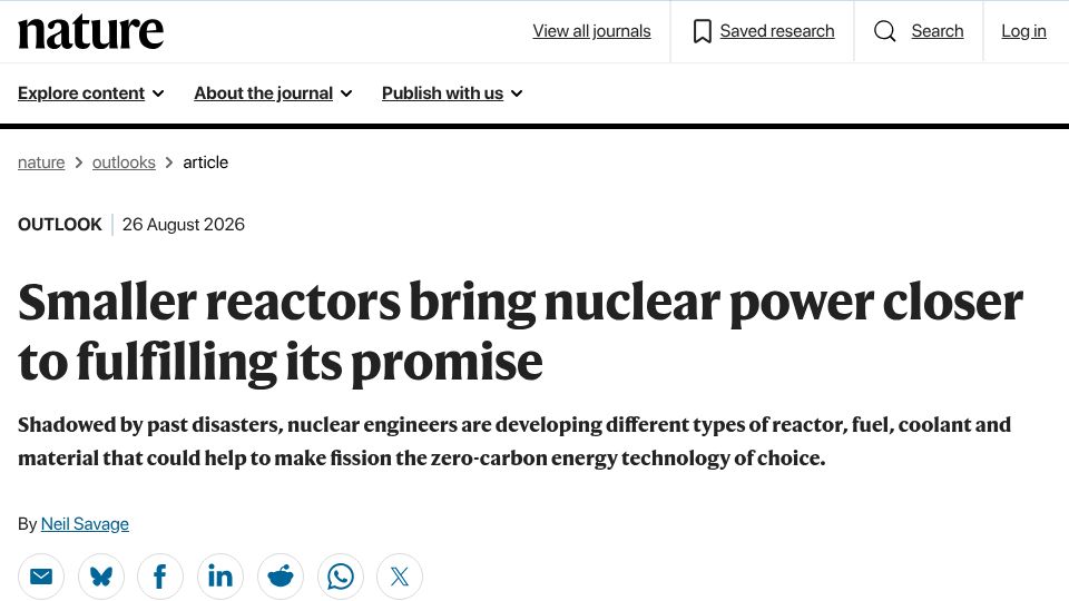 Screenshot of nature.com: Smaller reactors bring nuclear power closer to fulfilling its promise