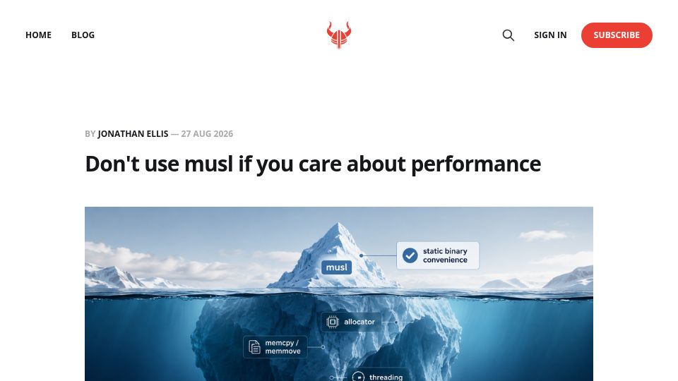 Screenshot of blog.brokk.ai: Don't use musl if you care about performance