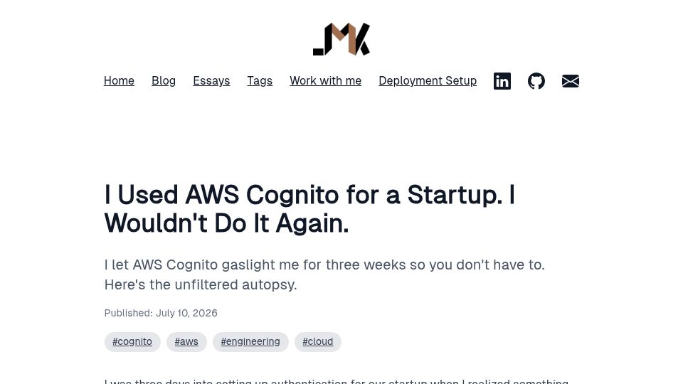 Screenshot of joshkaramuth.com: I used AWS cognito for a startup. I wouldn't do it again