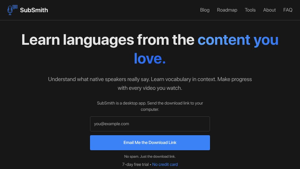 Screenshot of subsmith.app: Show HN: SubSmith – Turn your own videos into language-learning material