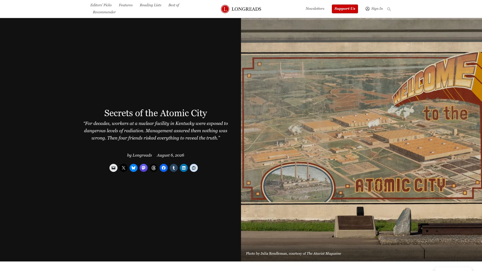 Screenshot of longreads.com: Secrets of the Atomic City