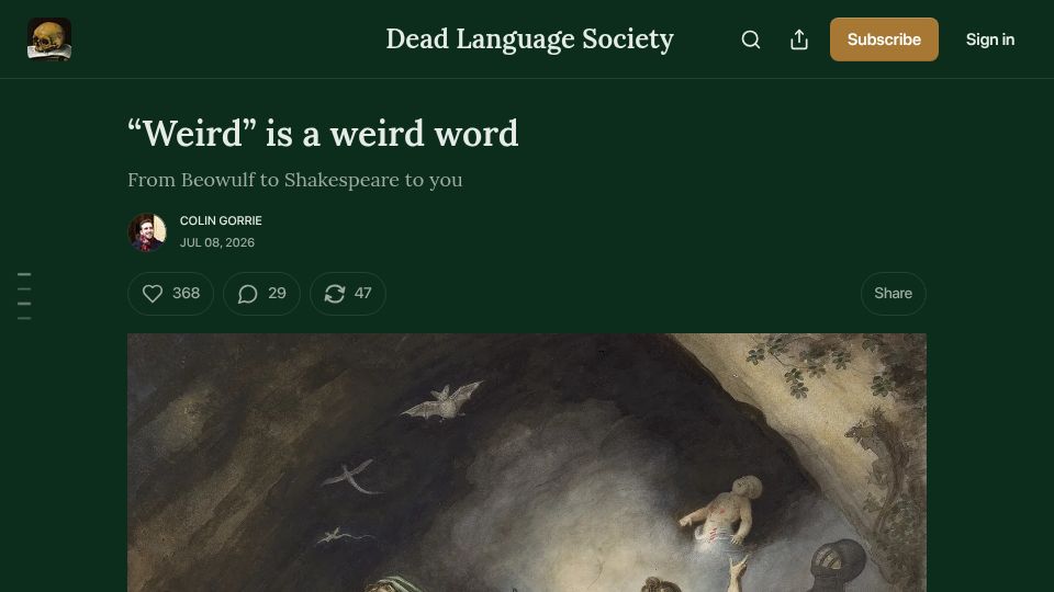 Screenshot of deadlanguagesociety.com: “Weird” is a weird word