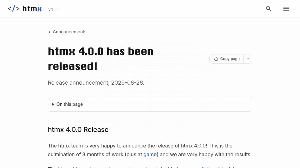 Screenshot of four.htmx.org: Htmx 4.0