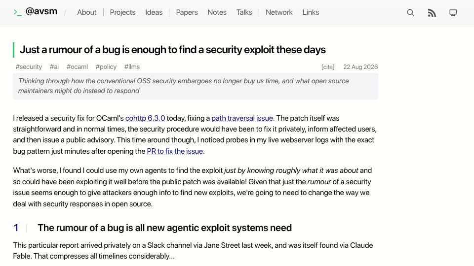 Screenshot of anil.recoil.org: Just the rumour of a bug is enough to find an exploit these days