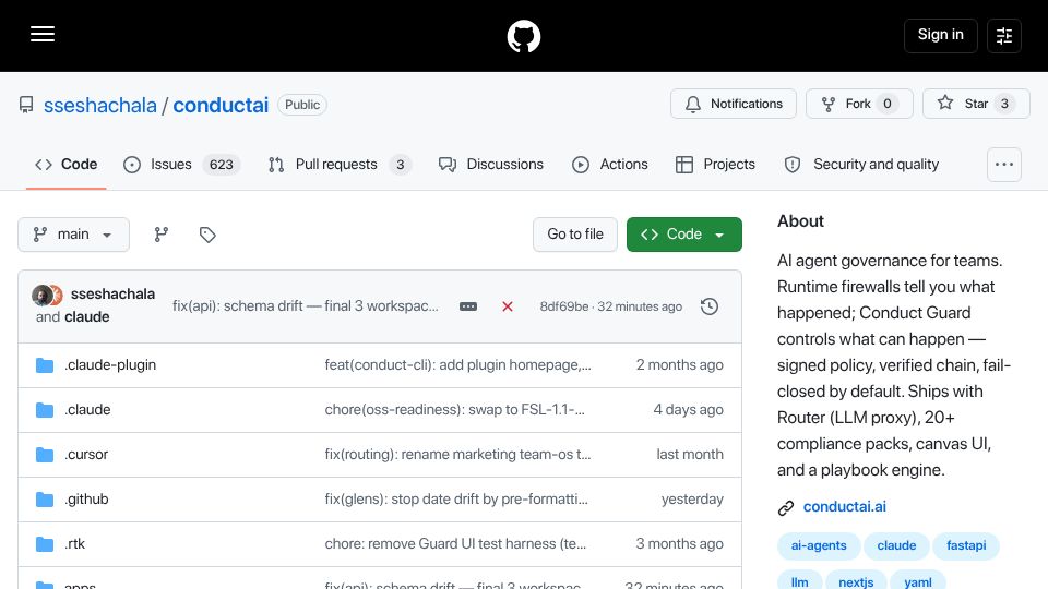 Screenshot of github.com: Show HN: Conduct, open-source guardrails for LLM and MCP tool calls