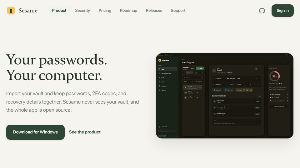 Screenshot of usesesame.app: Show HN: Sesame - a local-first, open-source password manager