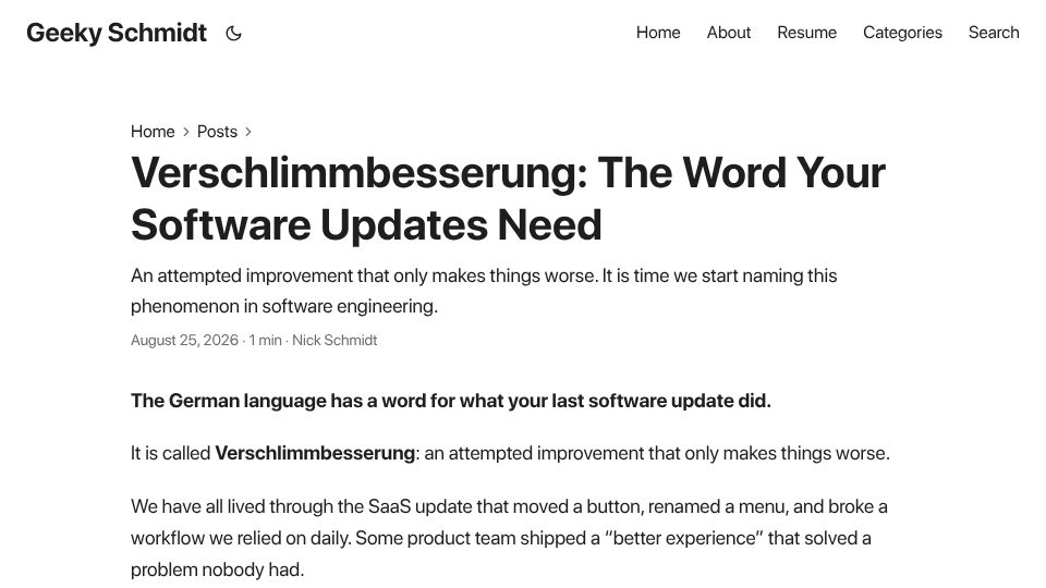 Screenshot of geekyschmidt.com: Verschlimmbesserung: The Word Your Software Updates Need