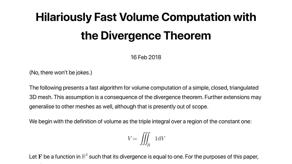 Screenshot of alyssarosenzweig.ca: Hilariously fast volume computation with the divergence theorem (2018)