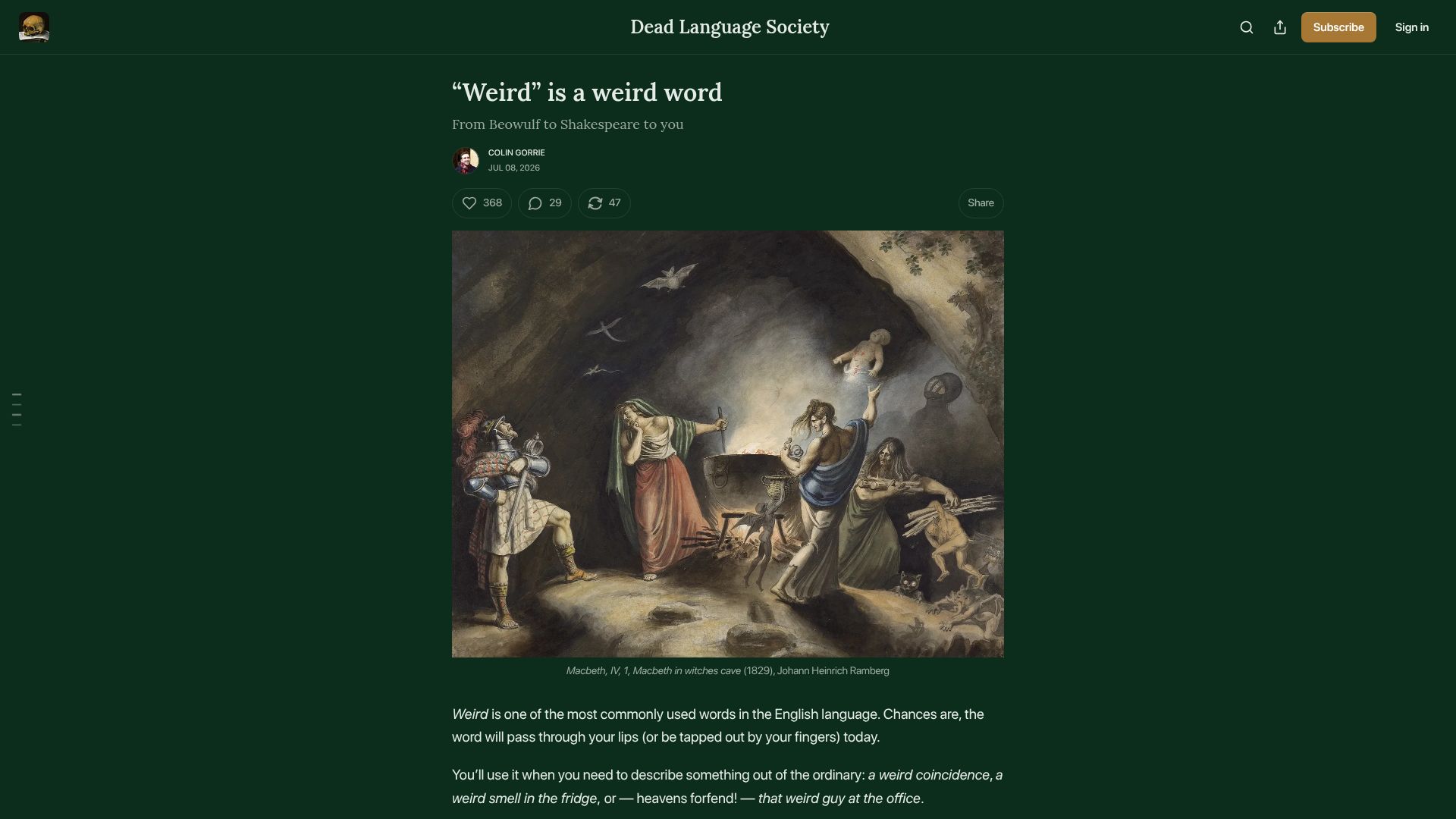 Screenshot of deadlanguagesociety.com: “Weird” is a weird word