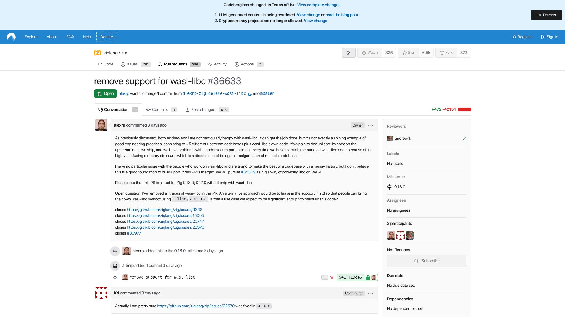 Screenshot of codeberg.org: Zig to remove support for wasi-libc