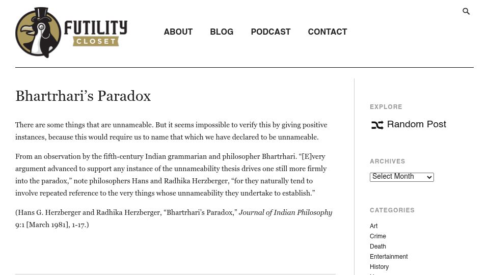 Screenshot of futilitycloset.com: Bhartrhari's Paradox