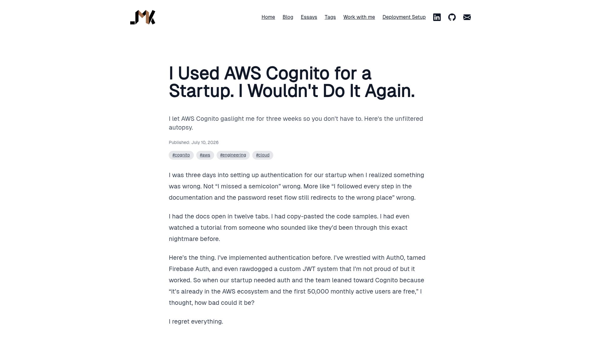 Screenshot of joshkaramuth.com: I used AWS cognito for a startup. I wouldn't do it again