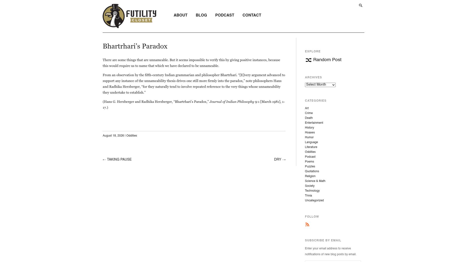 Screenshot of futilitycloset.com: Bhartrhari's Paradox