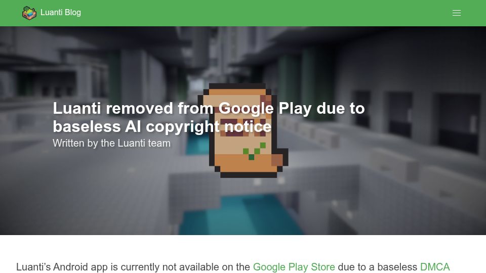 Screenshot of blog.luanti.org: Luanti removed from Google Play due to baseless AI copyright notice