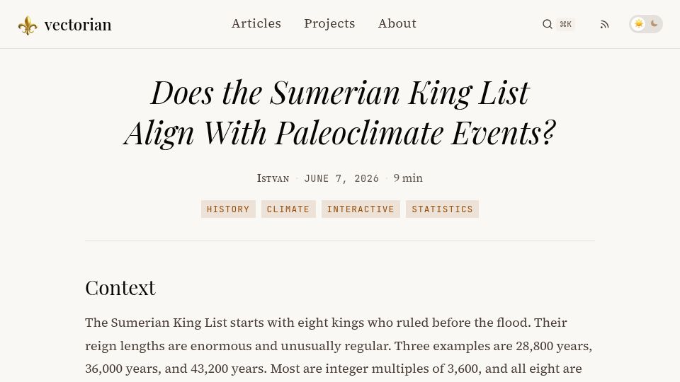 Screenshot of vectorian.be: Does the Sumerian King List Align with Paleoclimate Events?