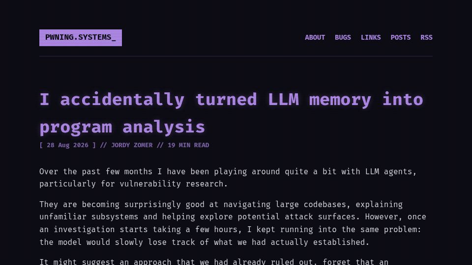 Screenshot of pwning.systems: I accidentally turned LLM memory into program analysis