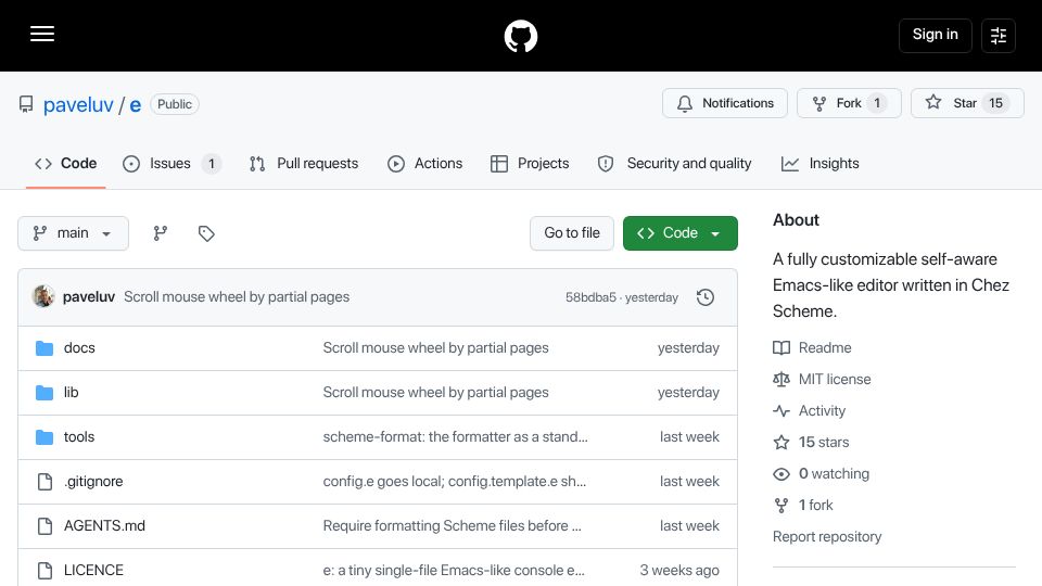 Screenshot of github.com: e is a customizable self-aware Emacs-like editor written in Chez Scheme