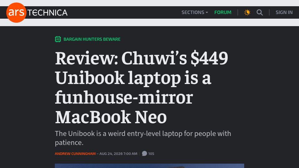 Screenshot of arstechnica.com: Review: Chuwi's $449 Unibook laptop is a funhouse-mirror MacBook Neo