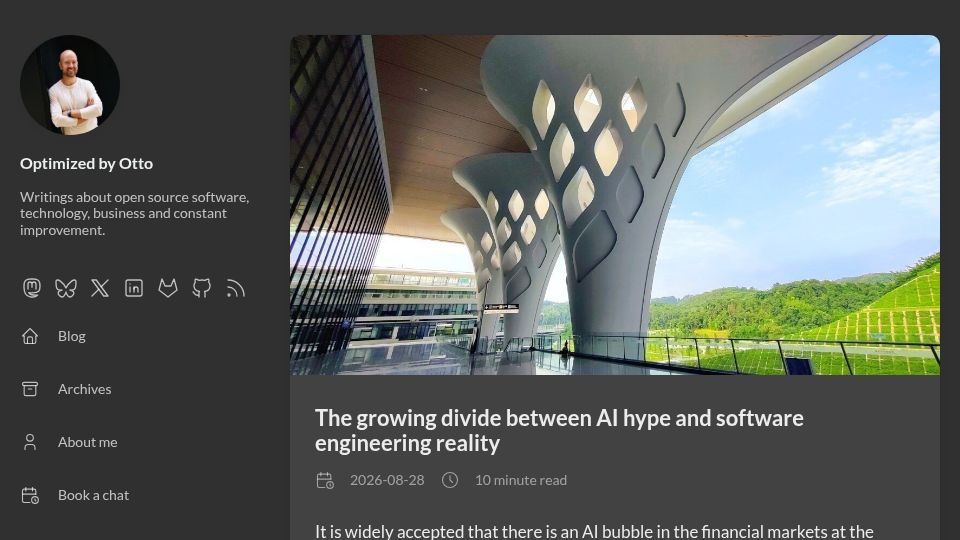 Screenshot of optimizedbyotto.com: The growing divide between AI hype and software engineering reality