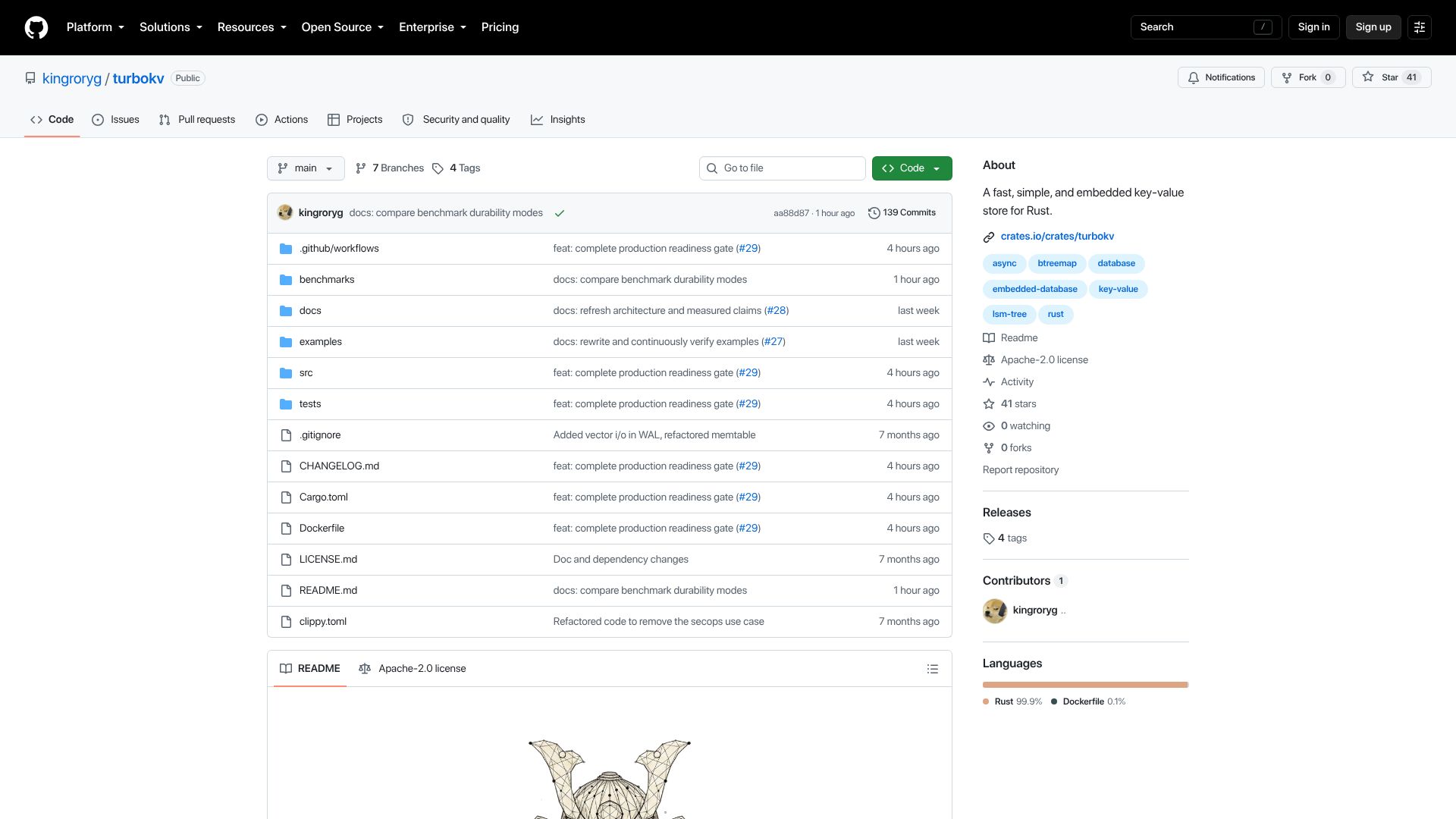 Screenshot of github.com: TurboKV: Insanely fast Rust key-value store