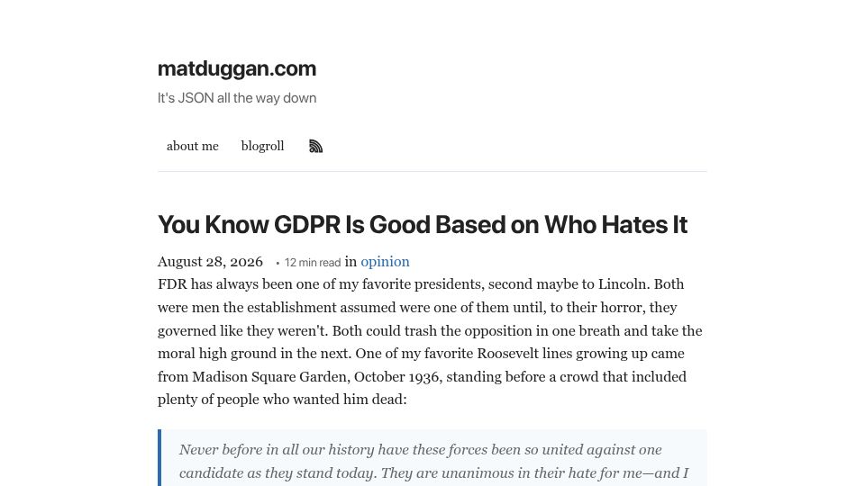 Screenshot of matduggan.com: You Know GDPR Is Good Based on Who Hates It