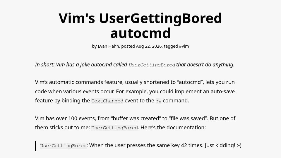 Screenshot of evanhahn.com: Vim's UserGettingBored Autocmd