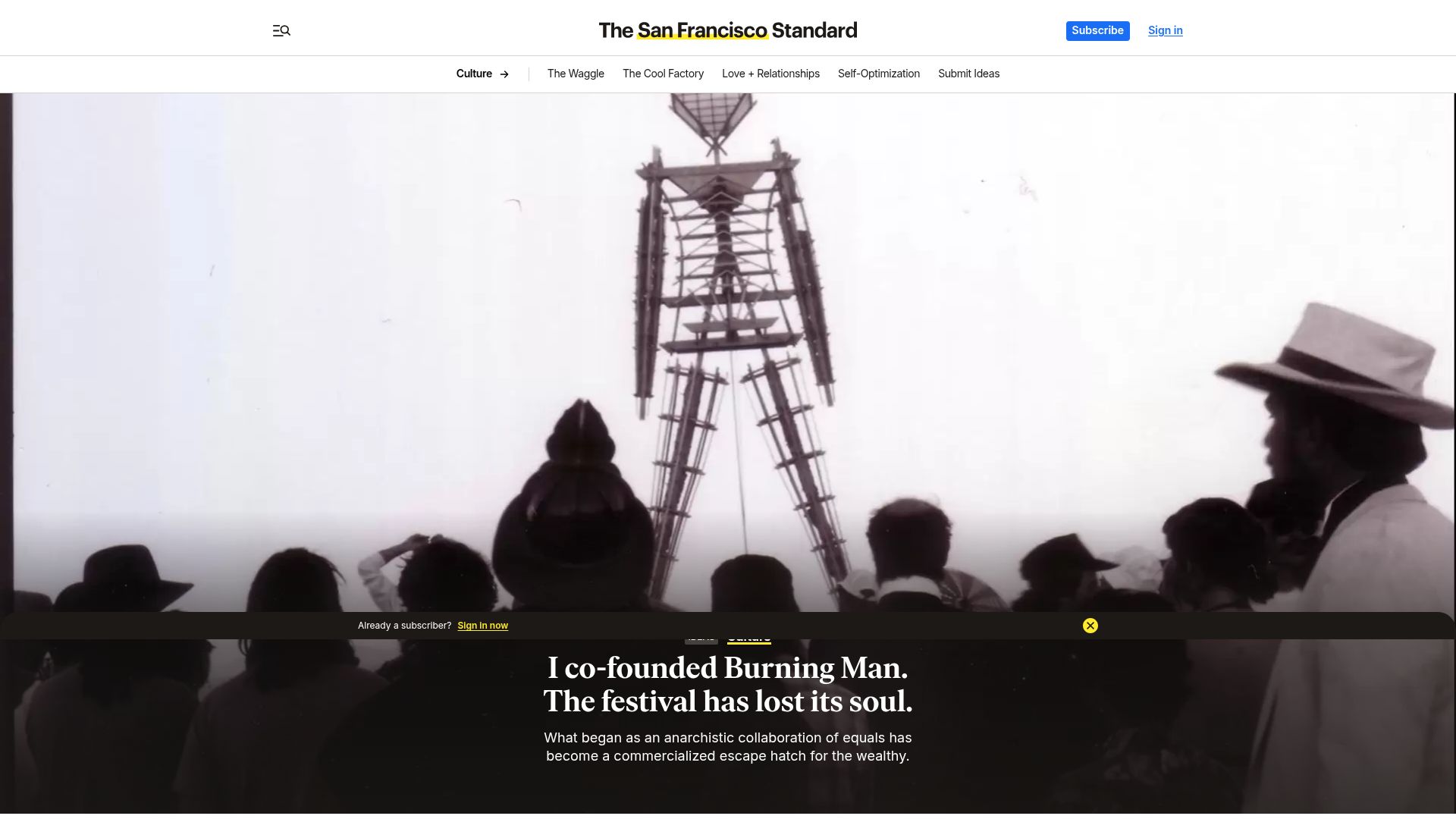 Screenshot of sfstandard.com: I co-founded Burning Man. The festival has lost its soul