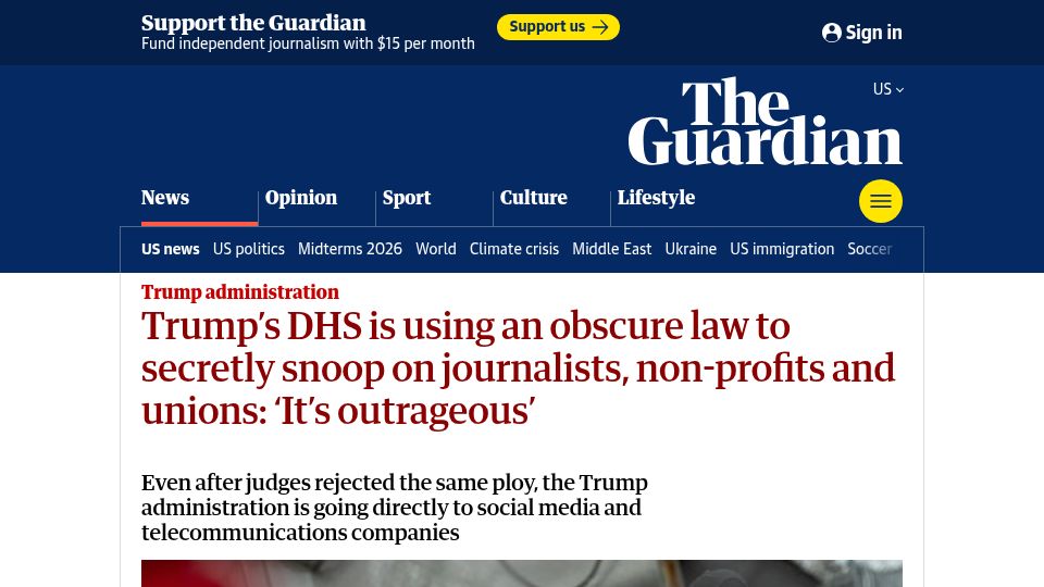 Screenshot of theguardian.com: DHS is using obscure law to snoop on journalists, non-profits, unions