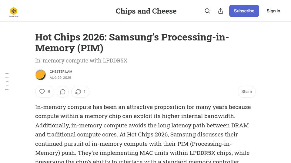 Screenshot of chipsandcheese.com: Samsung's Processing-in-Memory (PIM)