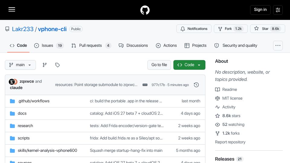 Screenshot of github.com: Boot a Virtual iPhone via Apple's Virtualization.framework