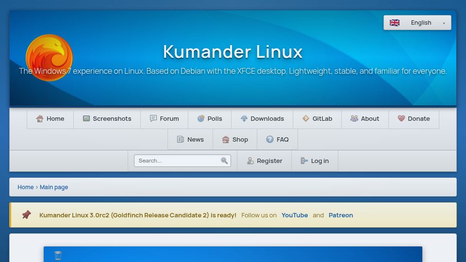 Screenshot of kumander.org: Kumander Linux – A Linux Distro with a Windows 7 Desktop