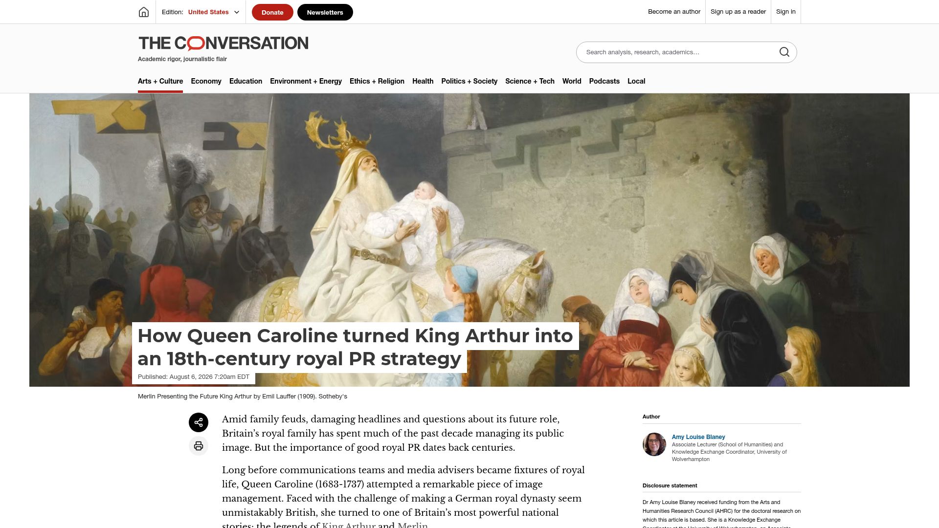 Screenshot of theconversation.com: Queen Caroline turned King Arthur into an 18C royal PR strategy