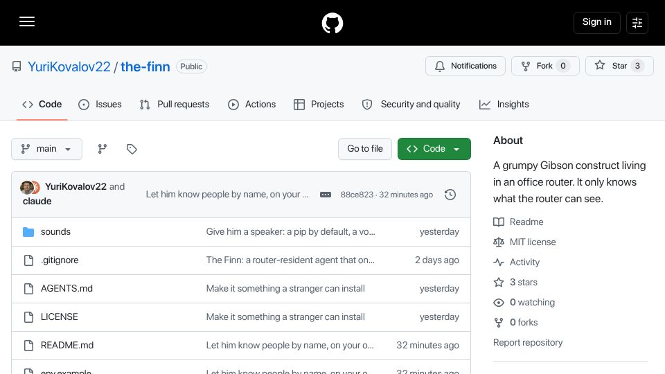 Screenshot of github.com: The Finn – an agent that lives in my router and complains about it