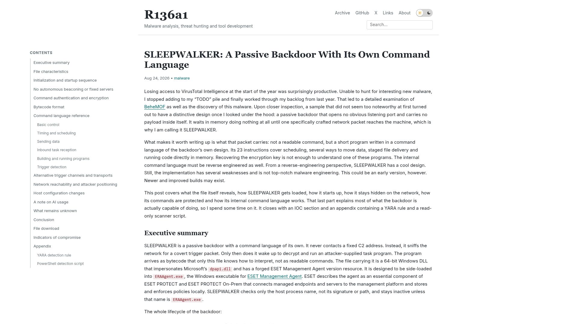 Screenshot of r136a1.dev: Sleepwalker: Passive Backdoor with Its Own Command Language