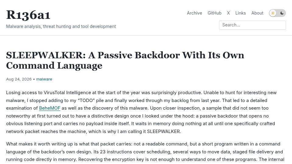 Screenshot of r136a1.dev: Sleepwalker: Passive Backdoor with Its Own Command Language