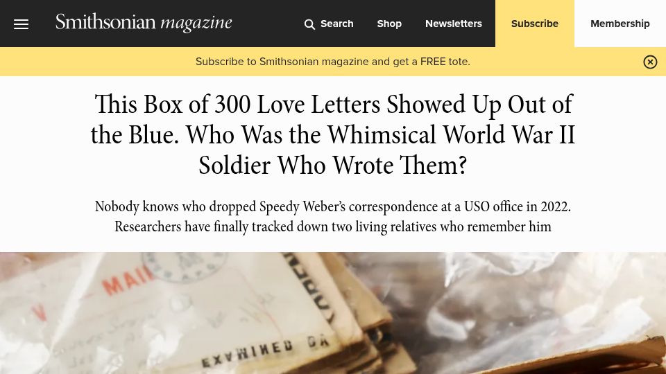 Screenshot of smithsonianmag.com: Box of 300 Love Letters Showed Up, What Whimsical WWII Soldier Who Wrote Them?