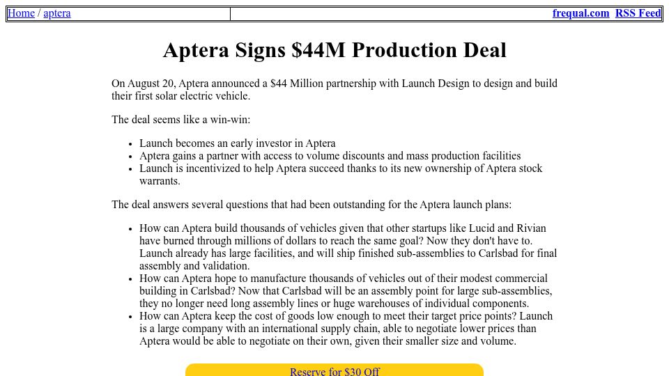 Screenshot of frequal.com: $44M Solar-Powered EV Production Deal Struck
