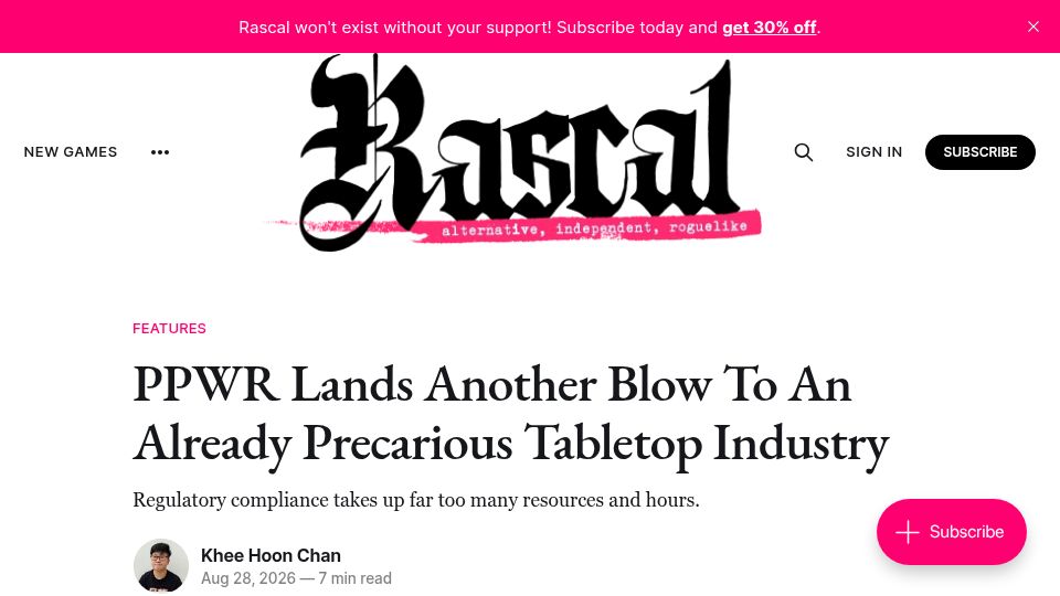 Screenshot of rascal.news: PPWR lands another blow to an precarious tabletop industry