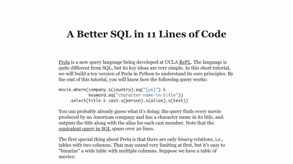 Screenshot of prela-lang.org: A better SQL in 11 lines of code
