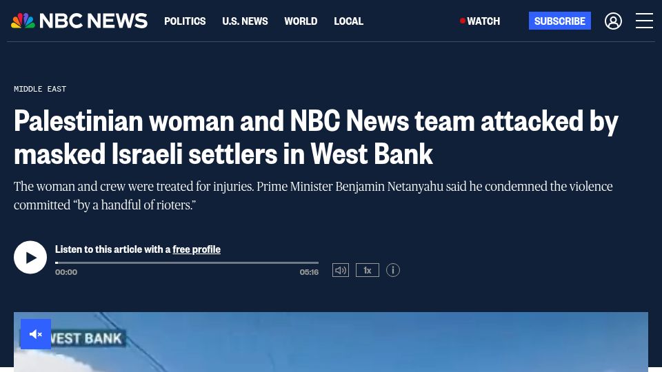 Screenshot of nbcnews.com: Palestinian woman and NBC News team attacked by masked Israeli settlers